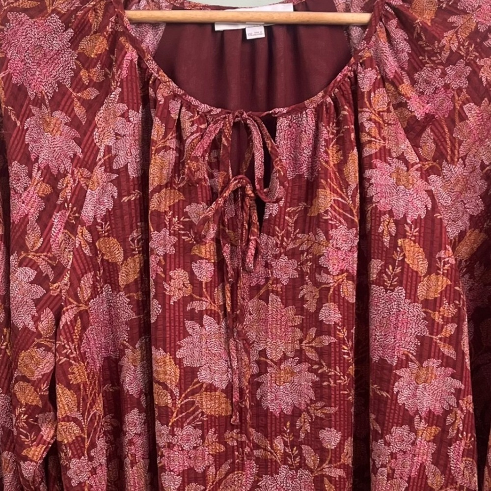Loft Burgundy Floral 3/4 Sleeve XXL Shirt Blouse Flowy Boho Peasant Feminine - Picture 3 of 7
